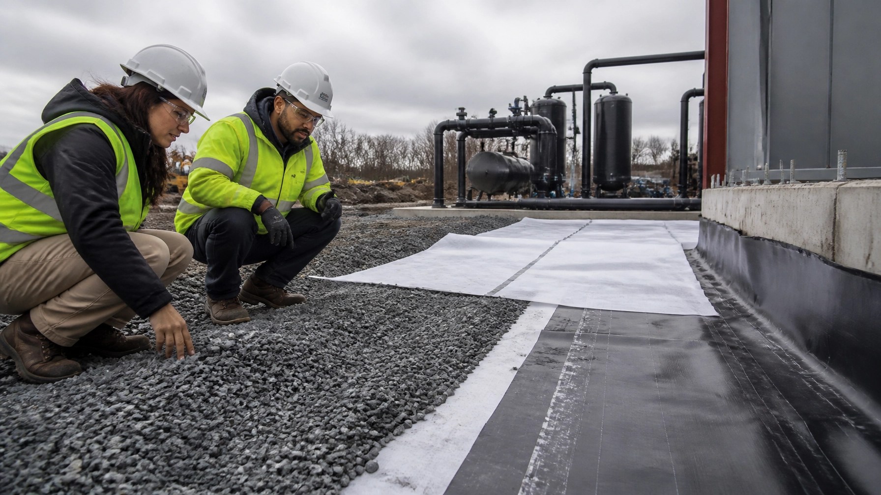 Engineered soil cap, vapor barrier detail, treatment piping, and field engineers reviewing remediation installation