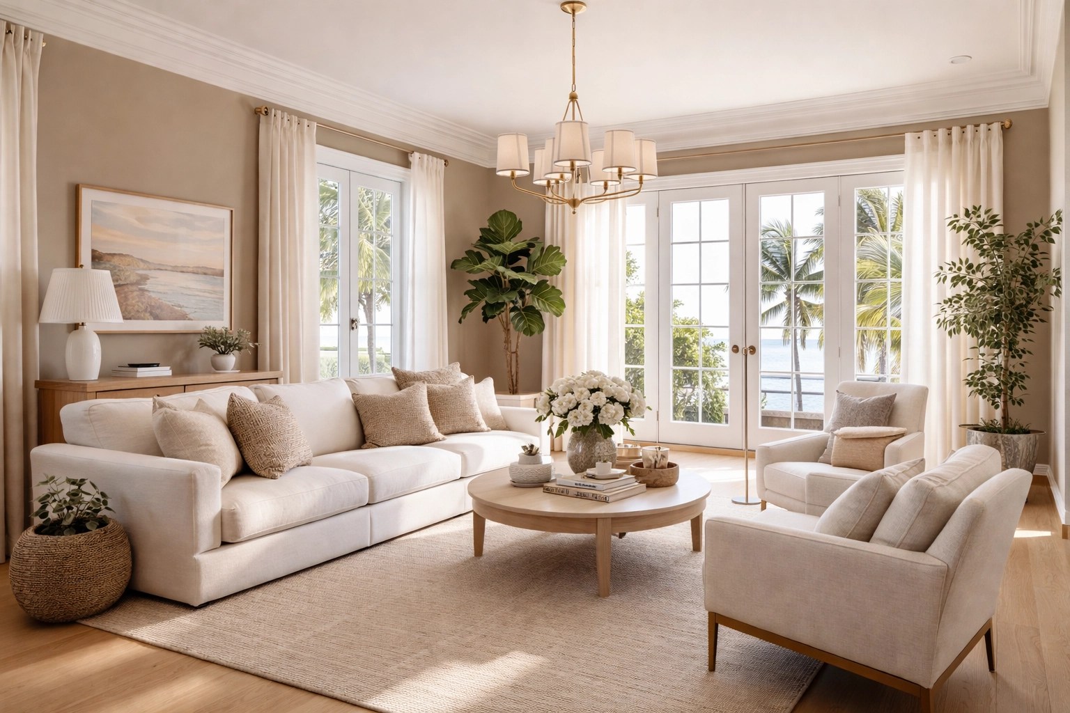 Coastal Florida living room with inviting mushroom-toned walls and natural light, showing the shift to warm neutrals.