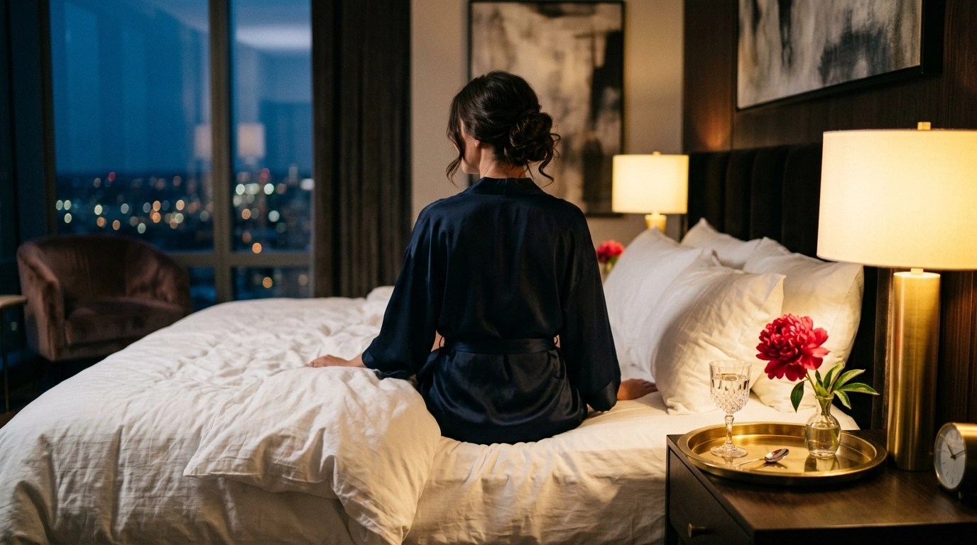 An atmospheric evening scene of a woman sitting on a plush bed, surrounded by a soft golden glow, setting her quantum intention for a soul-aligned love.