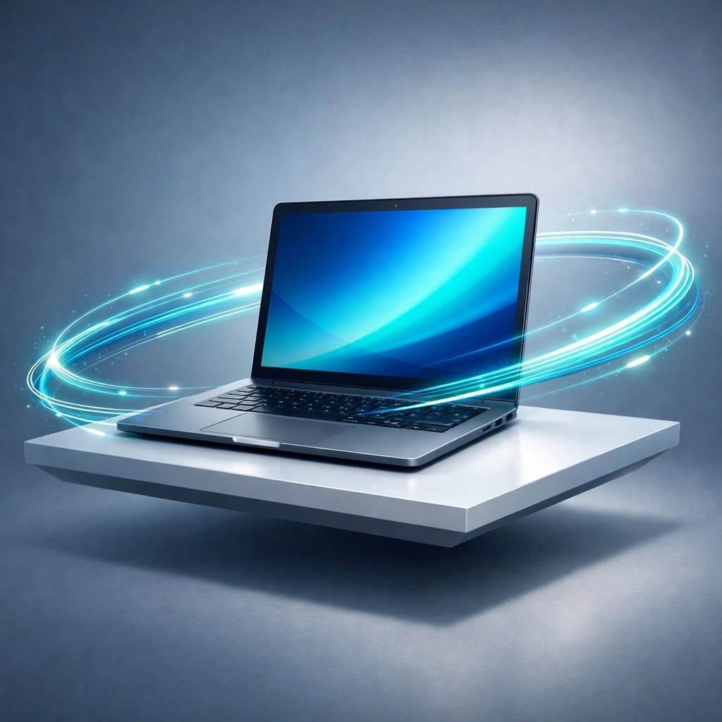 A slim business laptop with digital data streams representing remote connectivity and IT support.