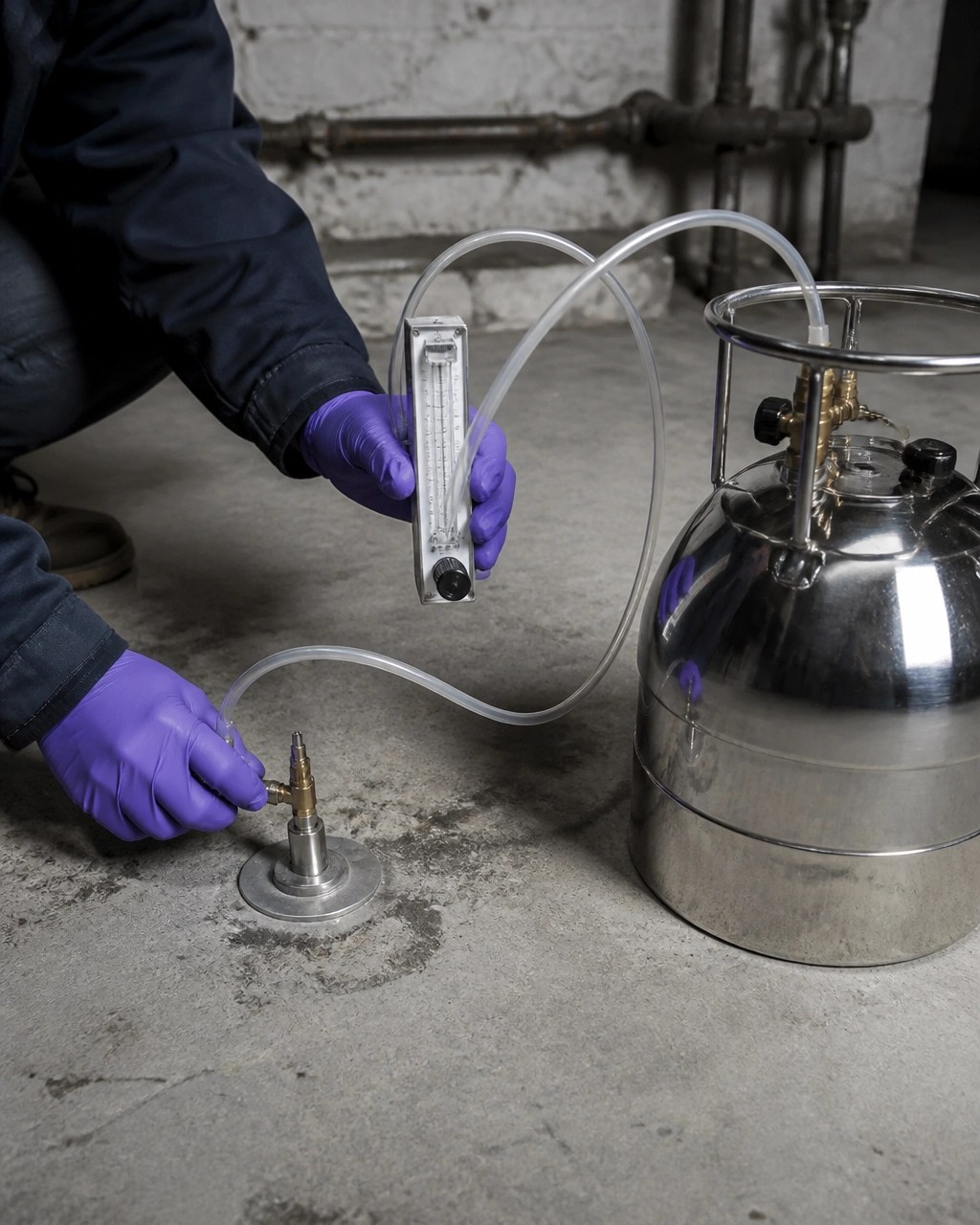 Close technical view of a sub-slab vapor sampling point, tubing, flow controller, and laboratory canister