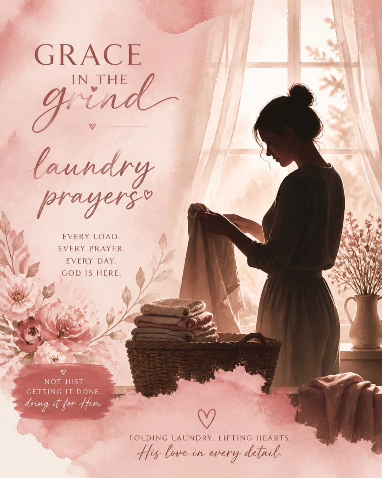 Silhouette of a woman folding laundry by a window, representing 'grace in the grind' and 'laundry prayers.'