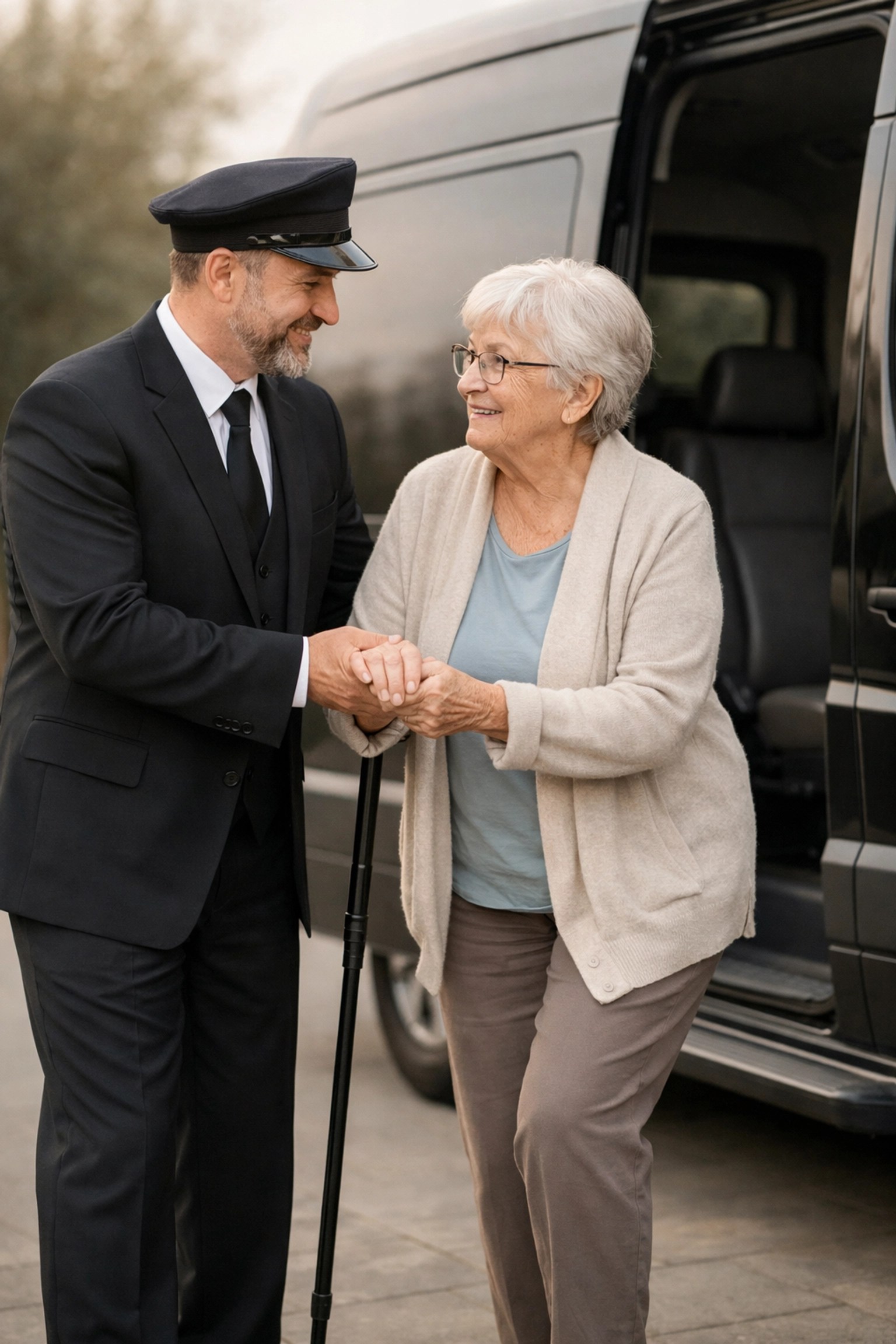 Professional medical transport driver providing door-to-door assistance to an elderly passenger for a safe ride.