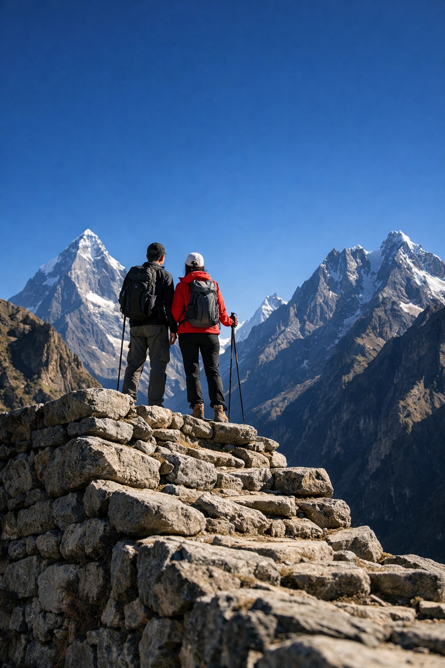 A couple standing on a mountain ridge in the Andes, illustrating unique honeymoon adventure travel in Peru.