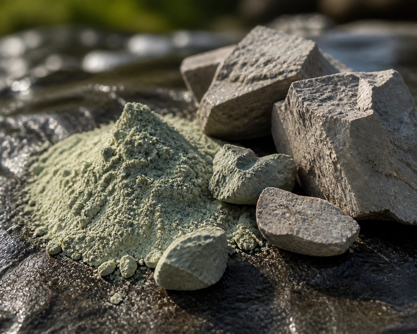 Macro photo of raw green healing clay and mineral earth on a stone surface for natural detoxification.