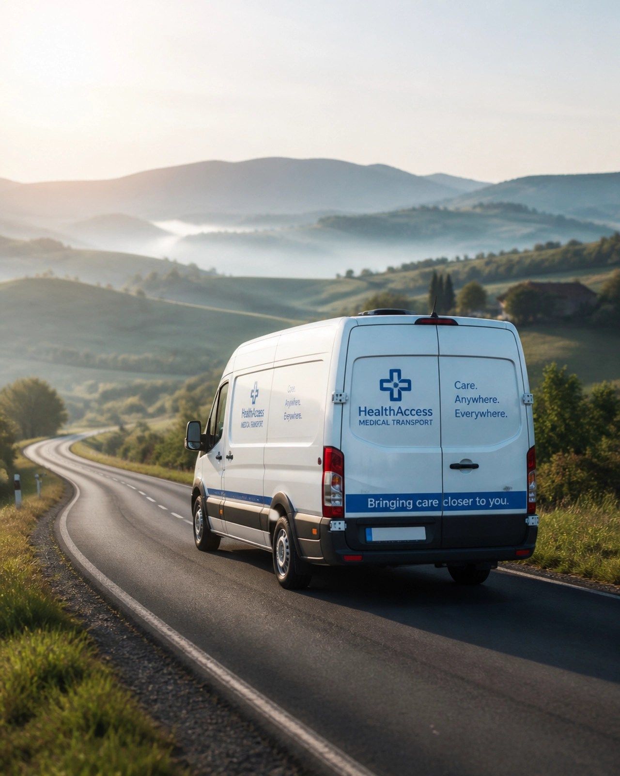 A Swift Ryde van traveling a scenic rural road, demonstrating that geography shouldn't be a barrier to medical care.