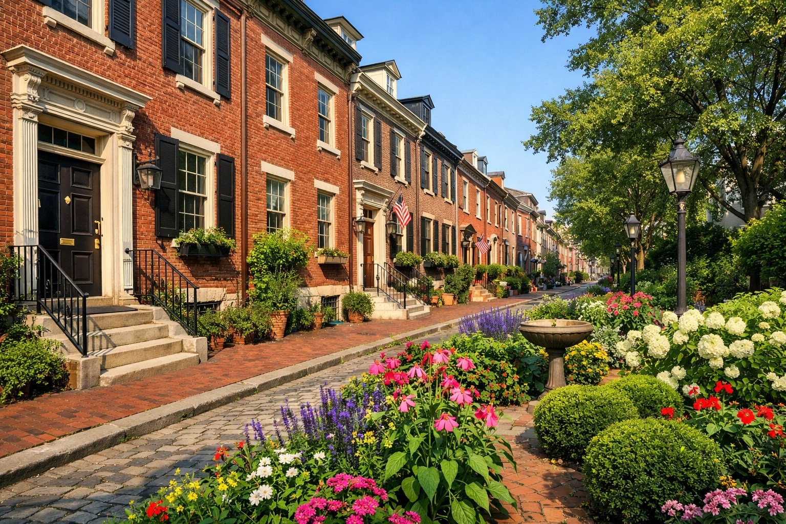 Traditional Philadelphia red-brick row homes highlighting the unique urban construction of the region.