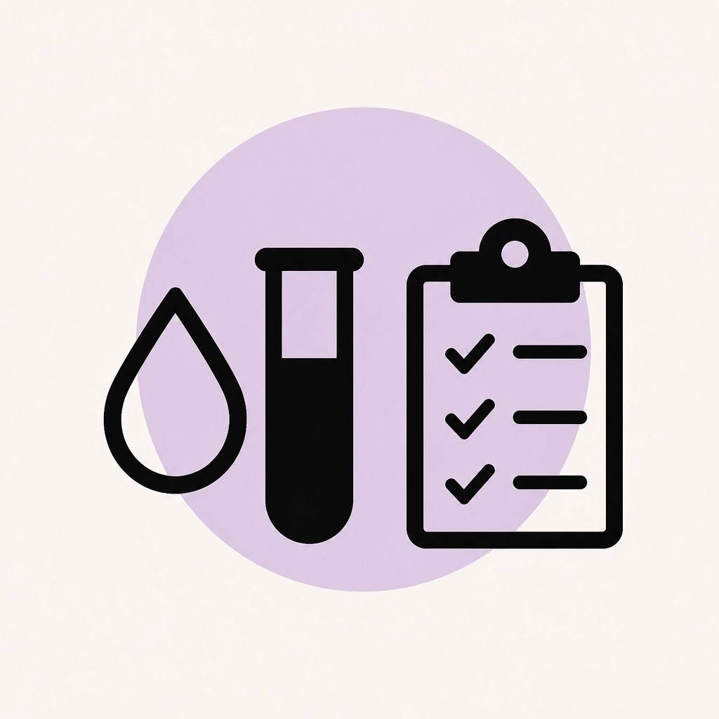 Minimalist icons of a blood drop, test tube, and clipboard representing biomarkers