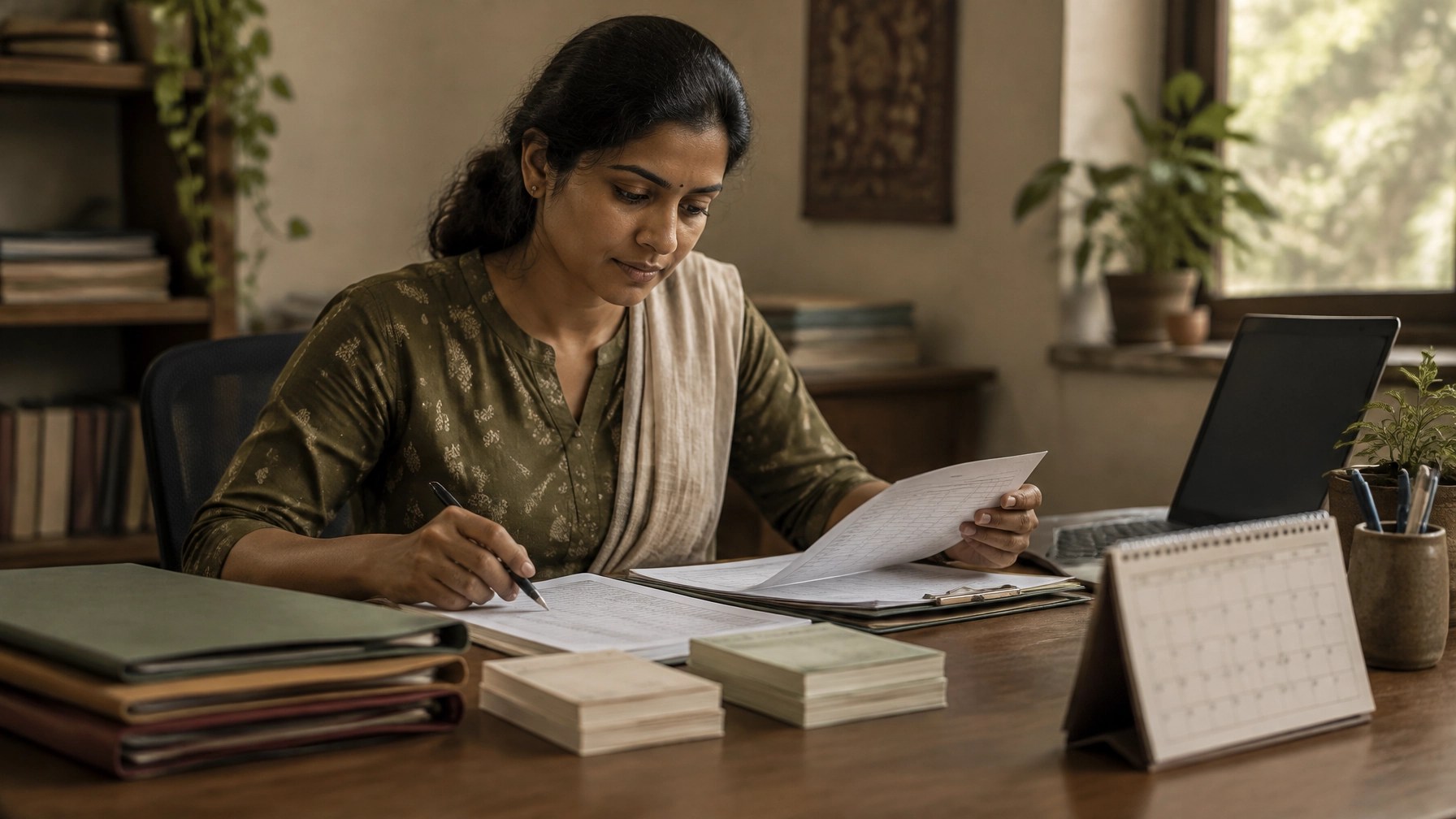 An NGO compliance coordinator reviews donation records and paperwork at a wooden desk