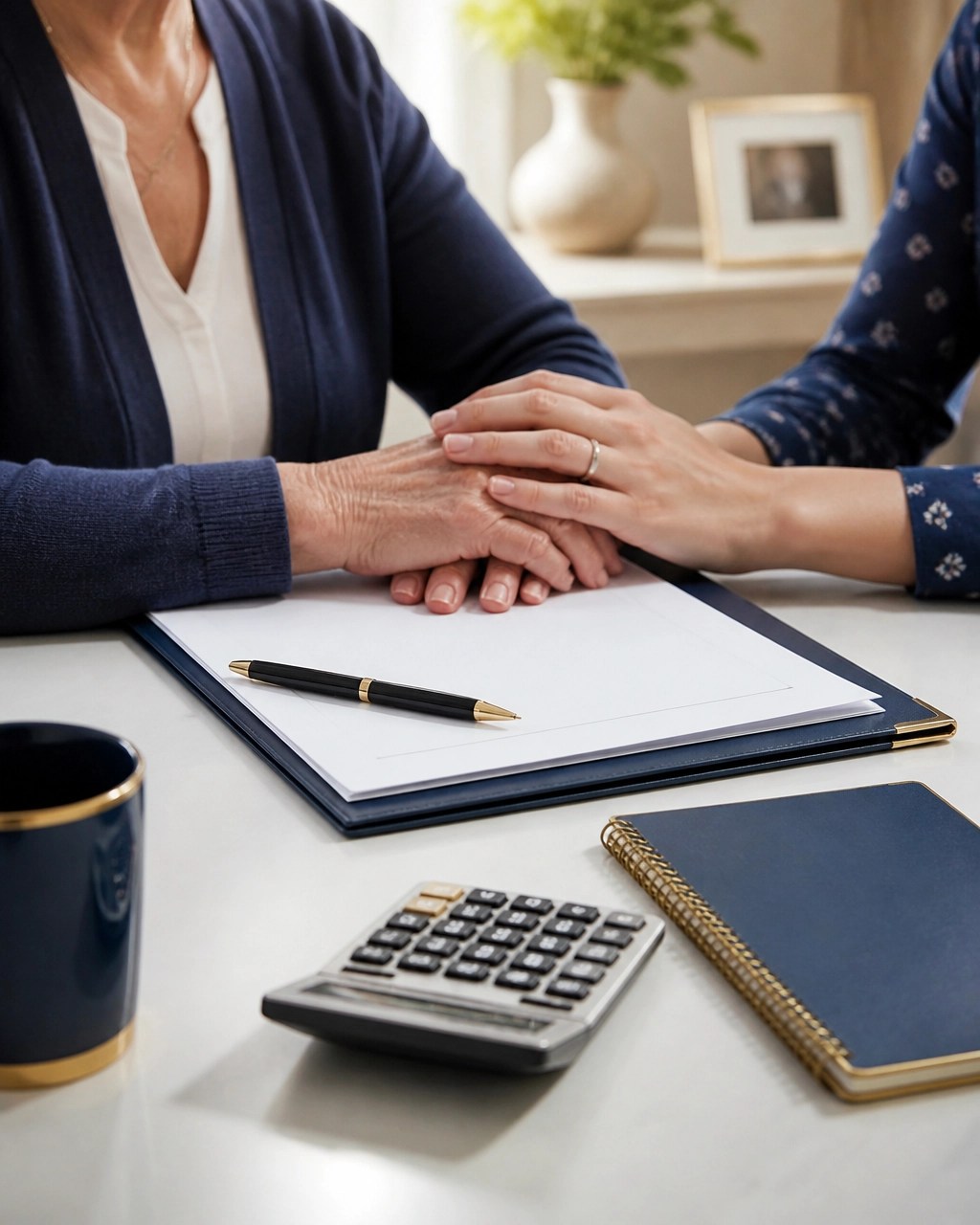 Older adult and family member reviewing a final expense budget and insurance folder