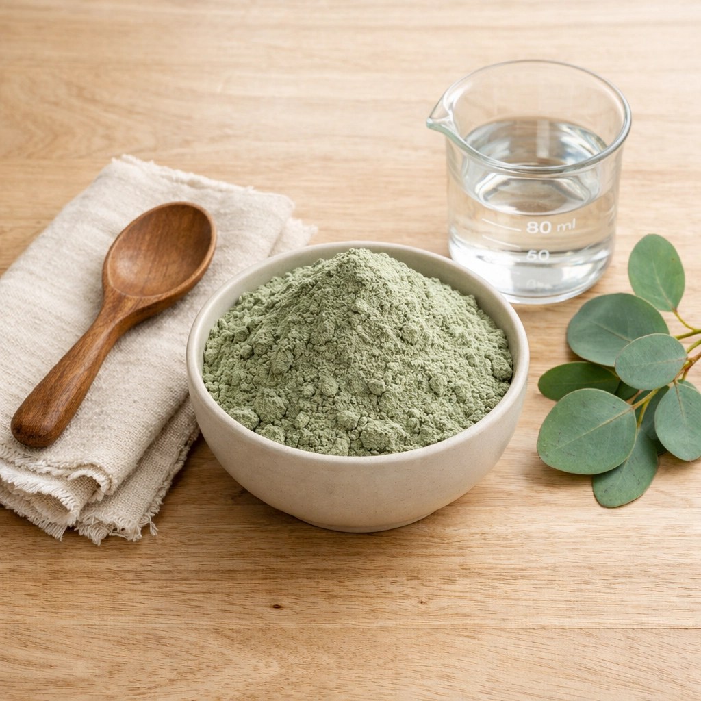 Pure French green clay powder in a ceramic bowl for natural healing DIY skincare recipes.