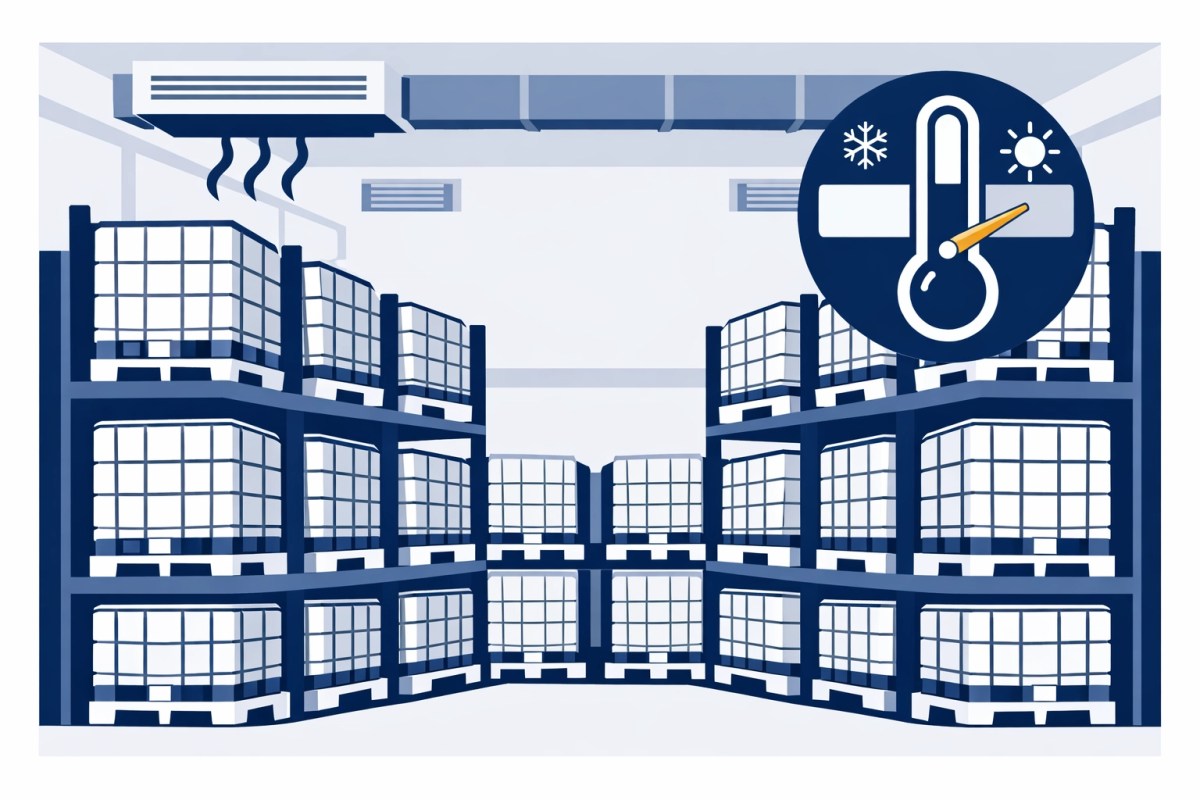 Climate-controlled warehouse storing stacked DEF totes for precise inventory management.