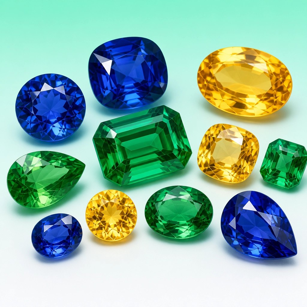 Vibrant colored gemstones including sapphires, emeralds, and citrines on a bright mint gradient background