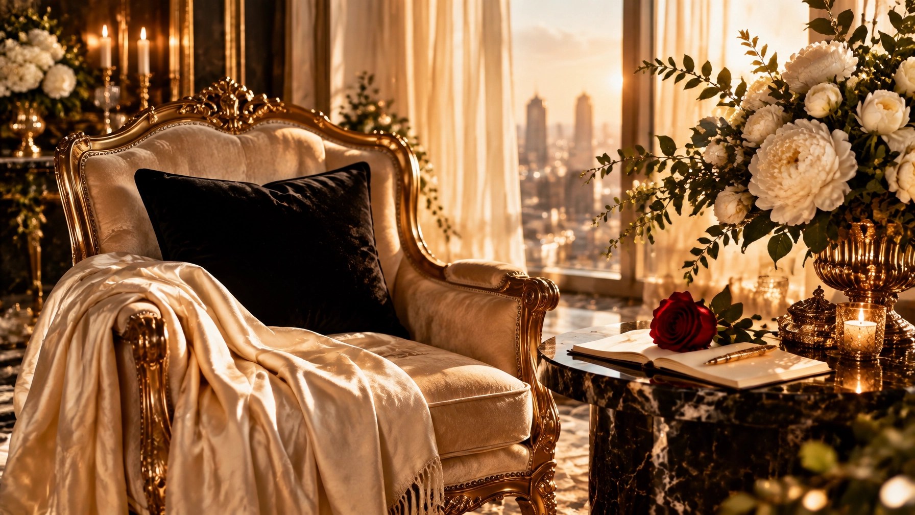 Radiant receiving energy in a cream and gold luxury penthouse, embodying dating advice for women, feminine energy, and soul-aligned love