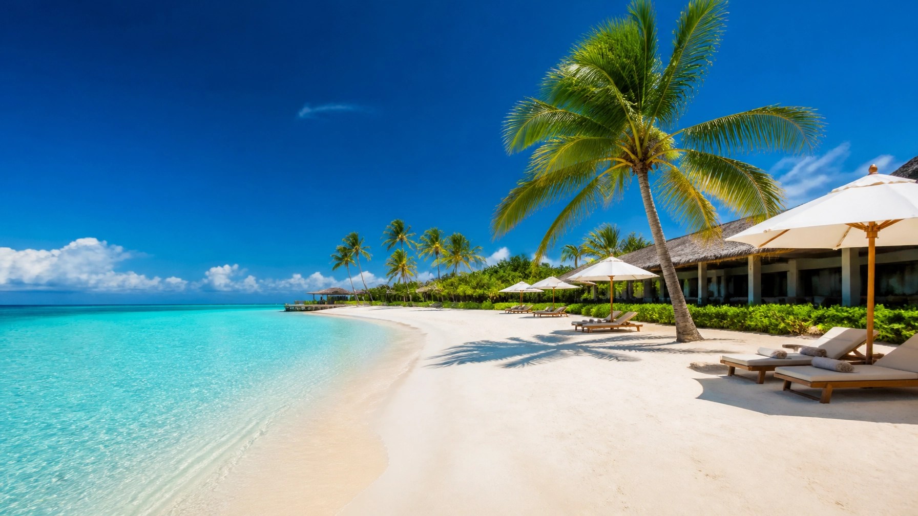 A pristine white sand beach with turquoise blue water