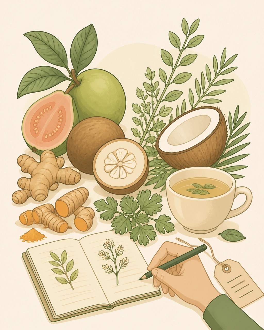 Plantas y frutos de la diversidad colombiana junto a una infusión sencilla, un cuaderno y elementos que sugieren identificación y uso responsable