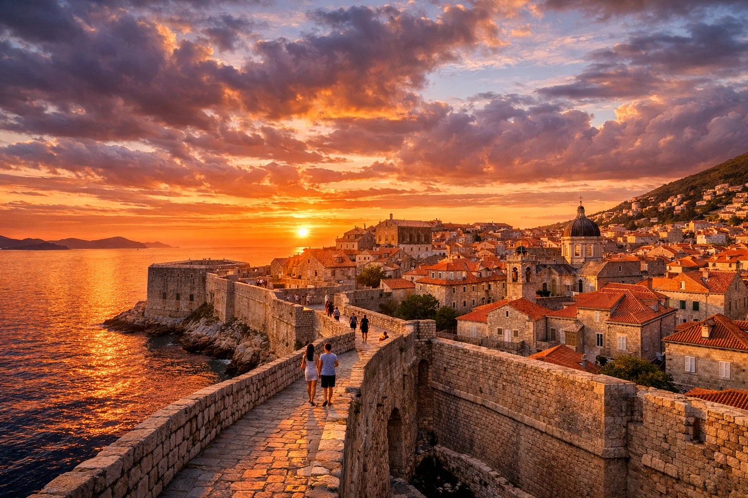 Dubrovnik old town walls at sunset during extended Mediterranean cruise port stay