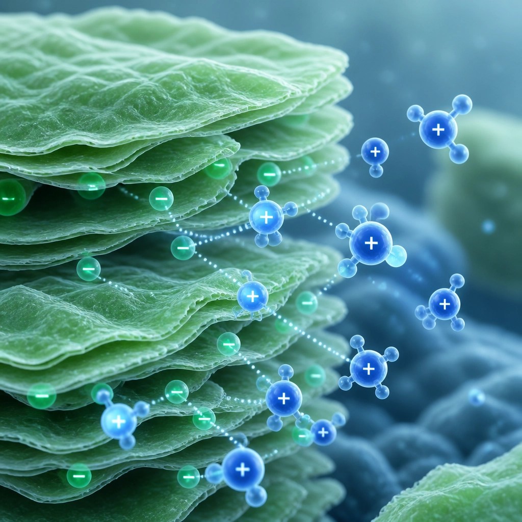 Scientific visualization of negatively charged clay particles attracting toxins