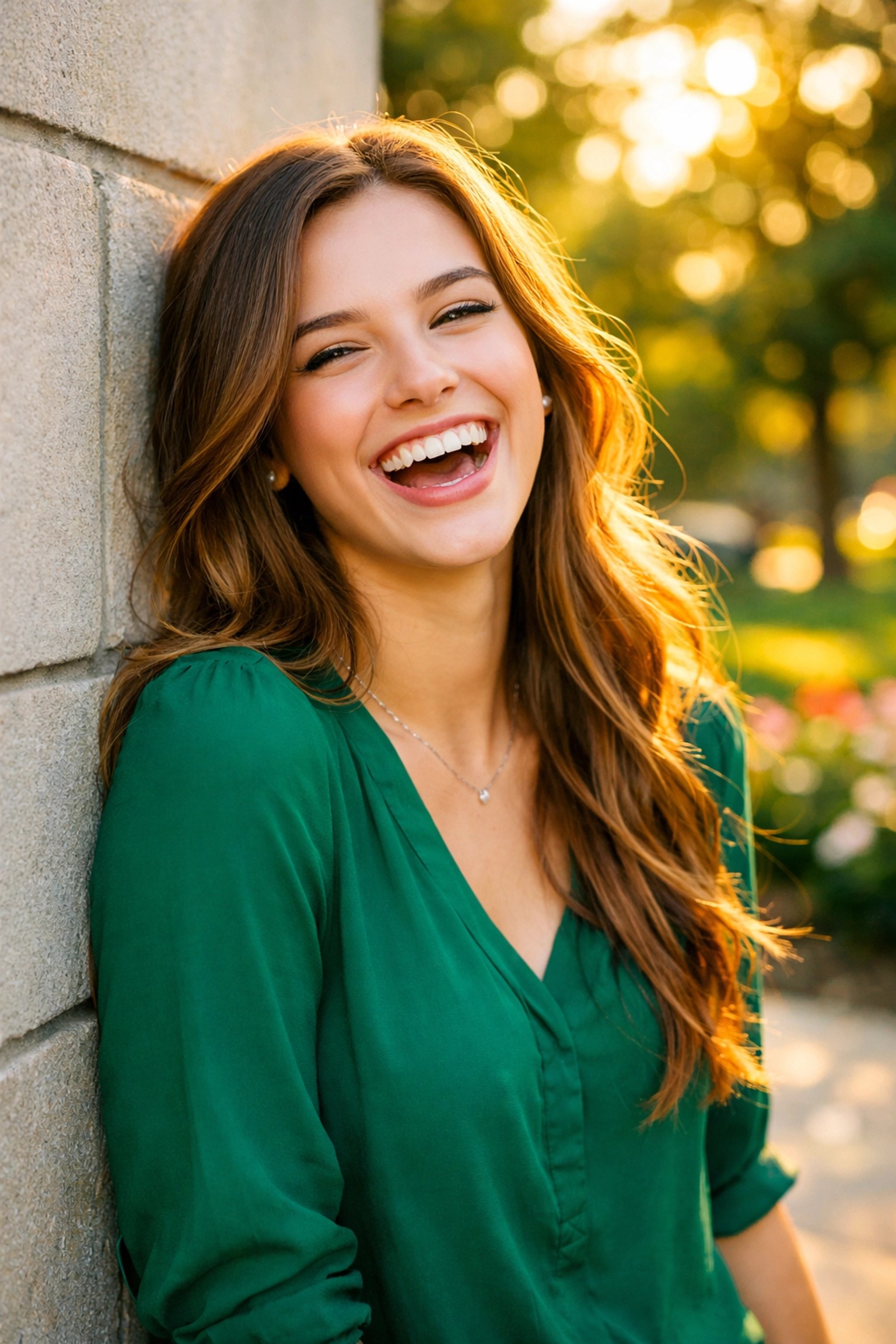 Relaxed senior portrait of a girl laughing outdoors, demonstrating professional posing and natural lighting.