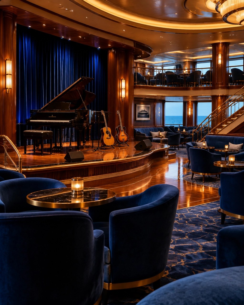 Empty elegant cruise ship Music Walk-style lounge with piano, guitars, and blue velvet seating