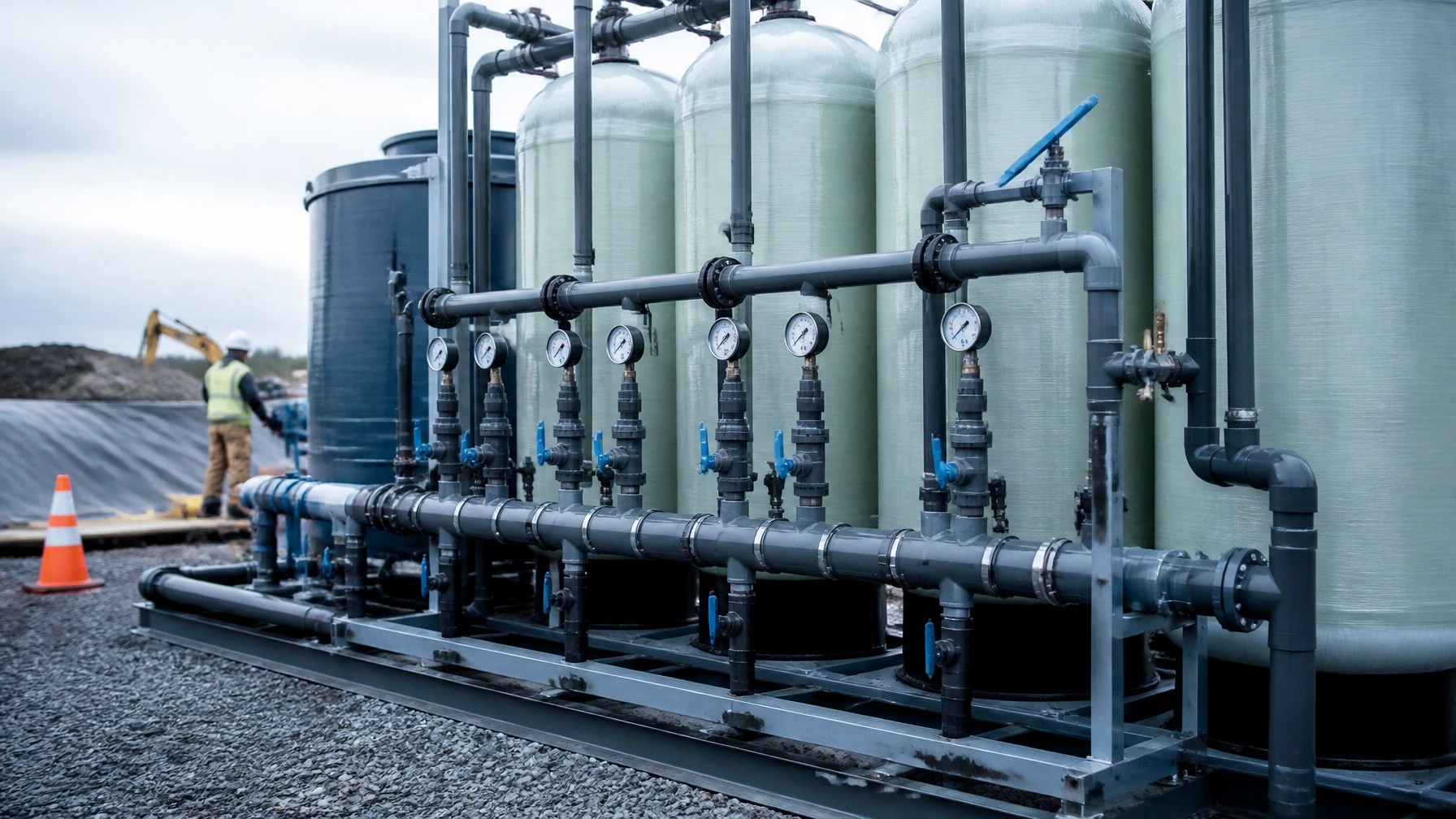 Industrial groundwater treatment system with GAC tanks and piping on an active remediation site