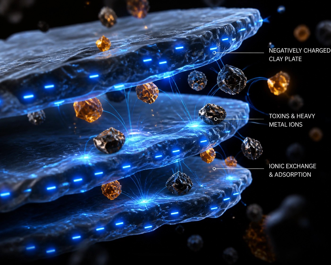 Scientific visualization of the ionic exchange process where clay particles attract and bind to toxins and heavy metals.