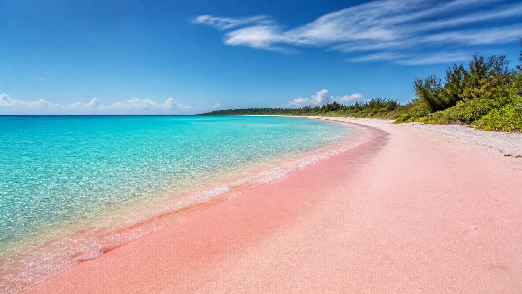 Uncrowded Pink Sands Beach on Harbour Island with blush-colored sand and translucent turquoise water