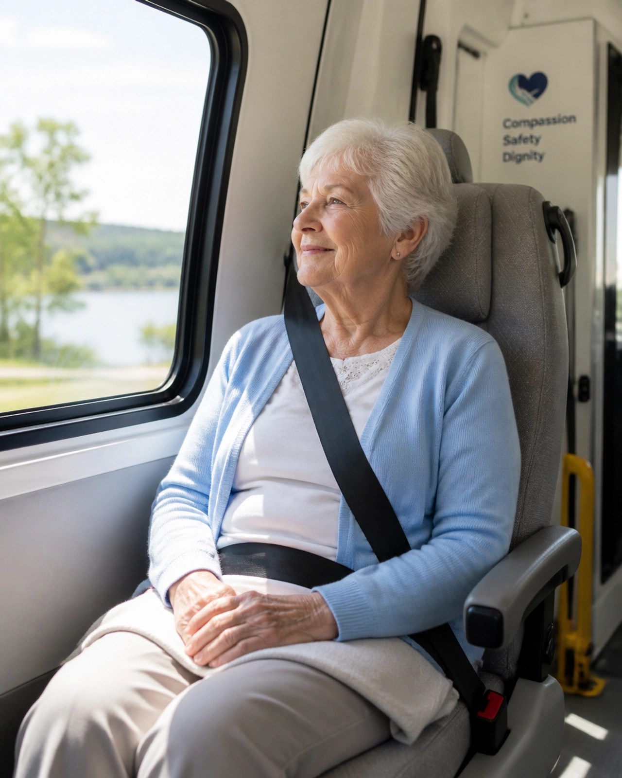 A patient looking relieved and comfortable inside a professional transport vehicle