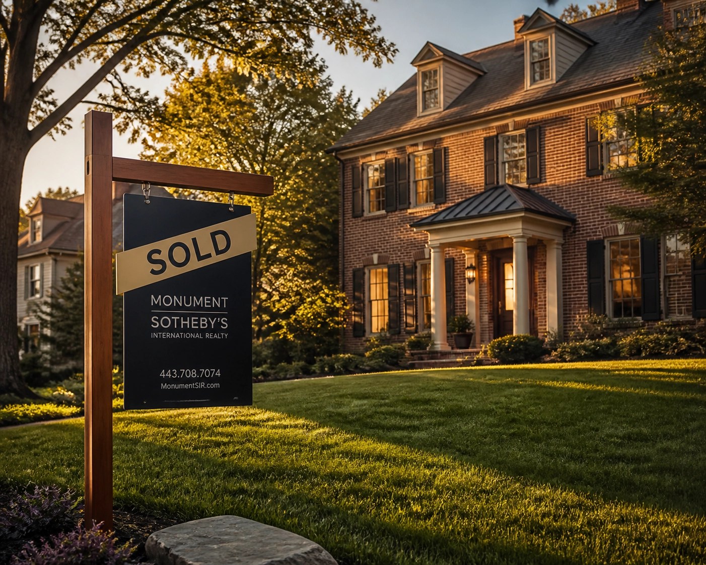 Luxury brick home in Towson Maryland with a sold sign showing fast real estate market growth.