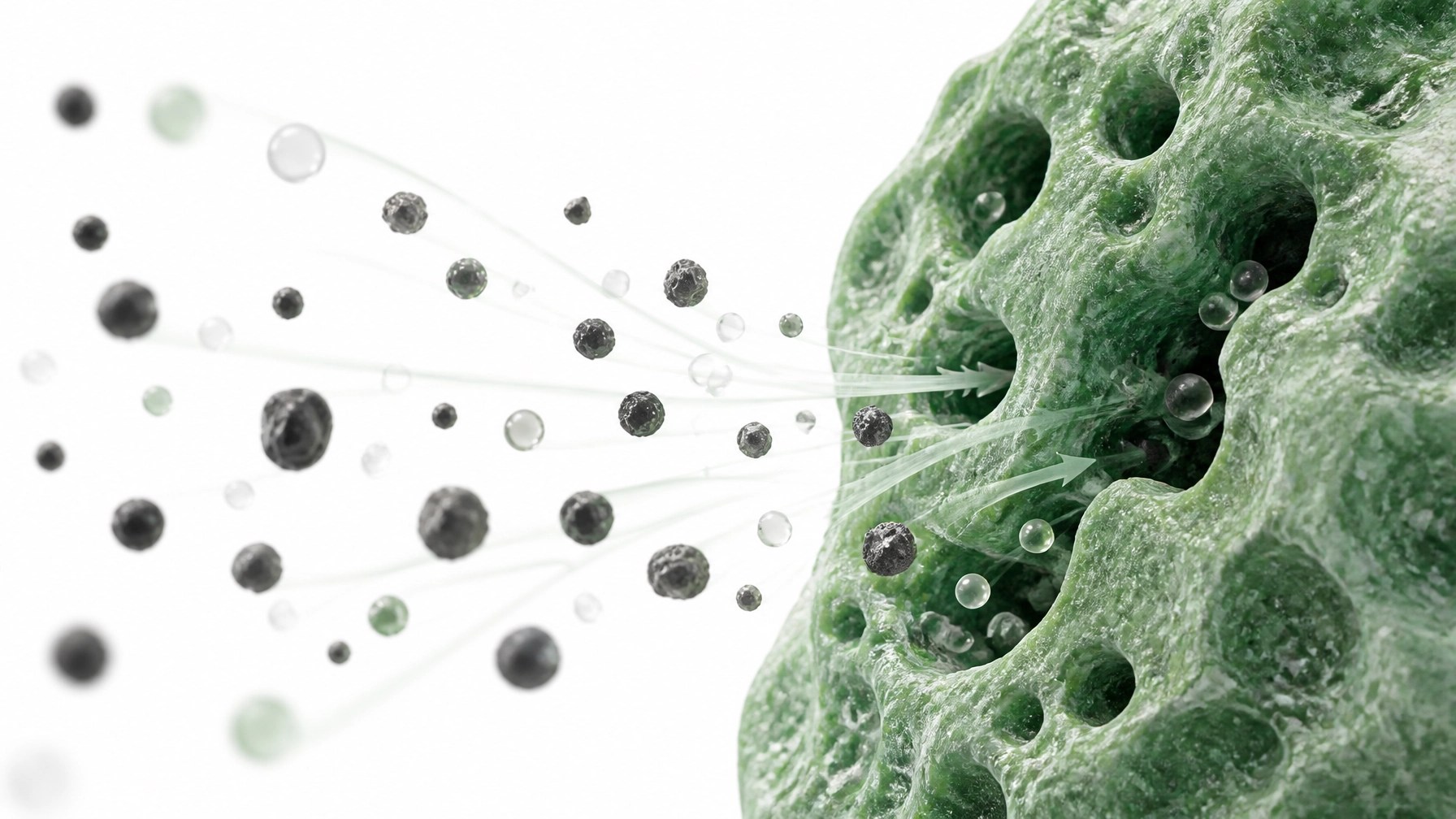 Abstract scientific illustration showing toxins being drawn into a green mineral structure