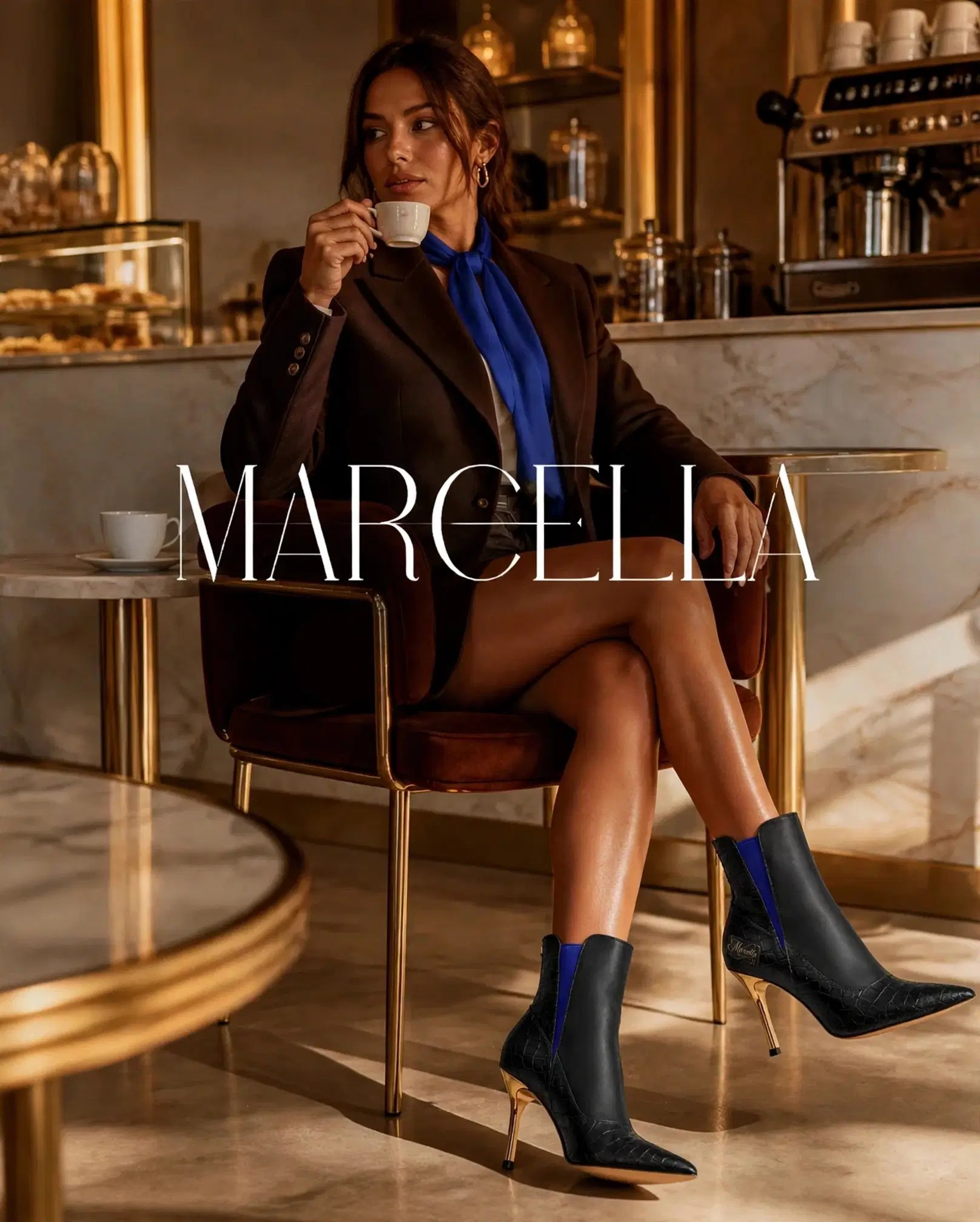 Woman in a warm-toned café wearing bold handcrafted Italian slip-on boots