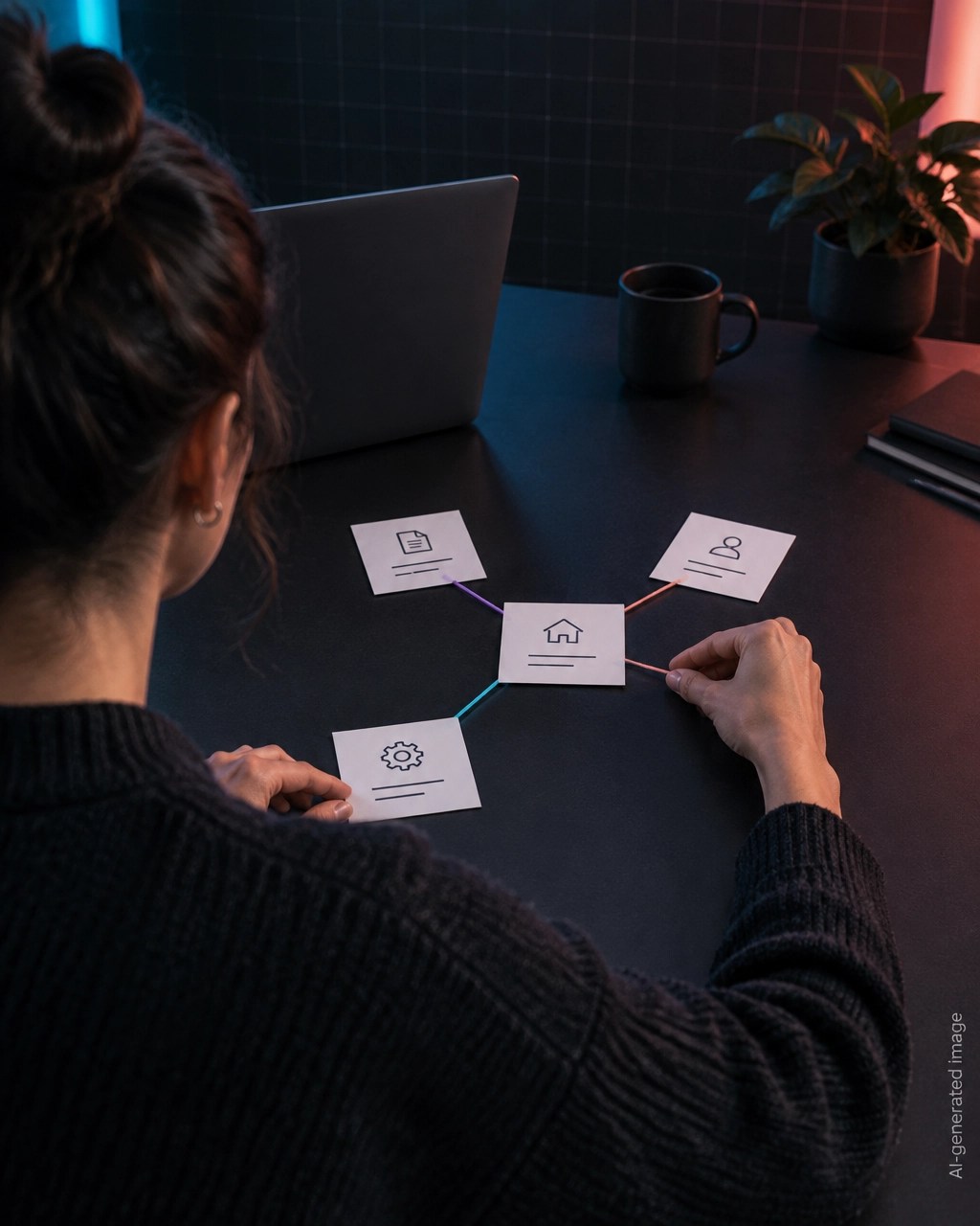 Founder arranging isolated page cards into a connected website cluster