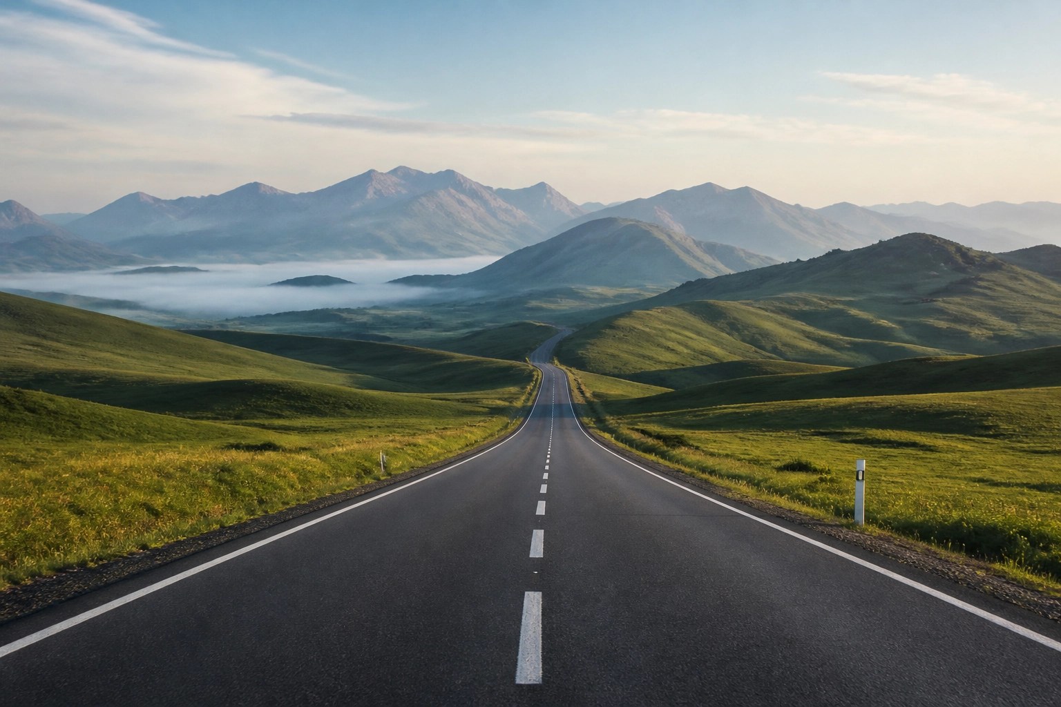 Long paved road through rural green hills representing healthcare access in remote areas.