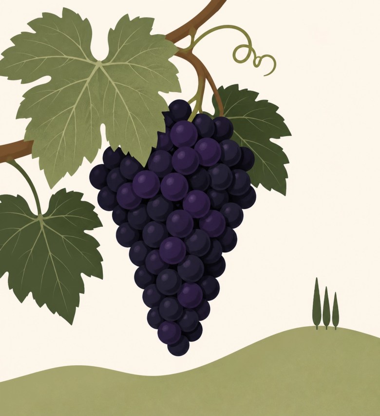 Illustration of dark, ripe Tannat grape clusters growing in a Loudoun County vineyard.