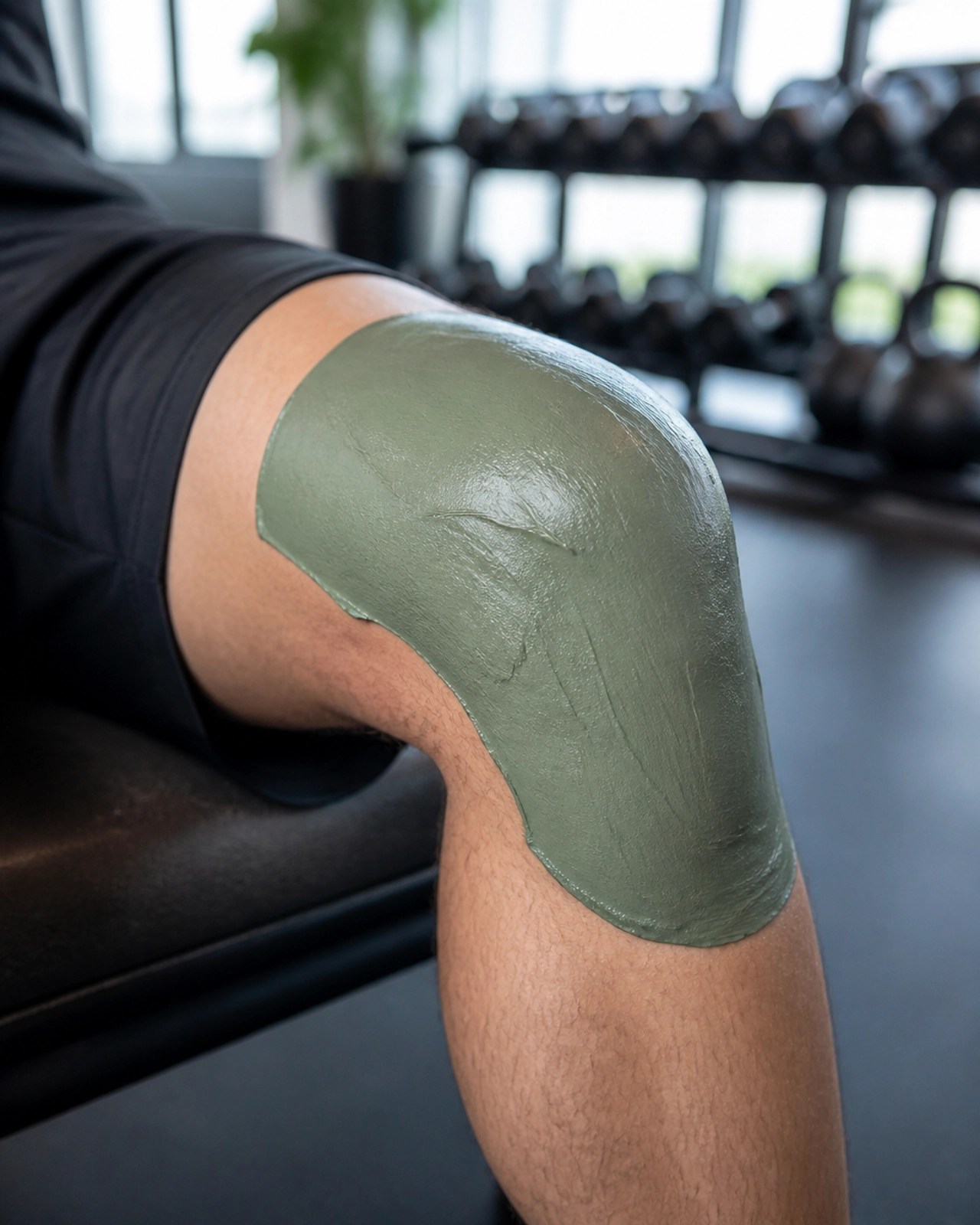 An athlete applying a green clay poultice to their knee for recovery
