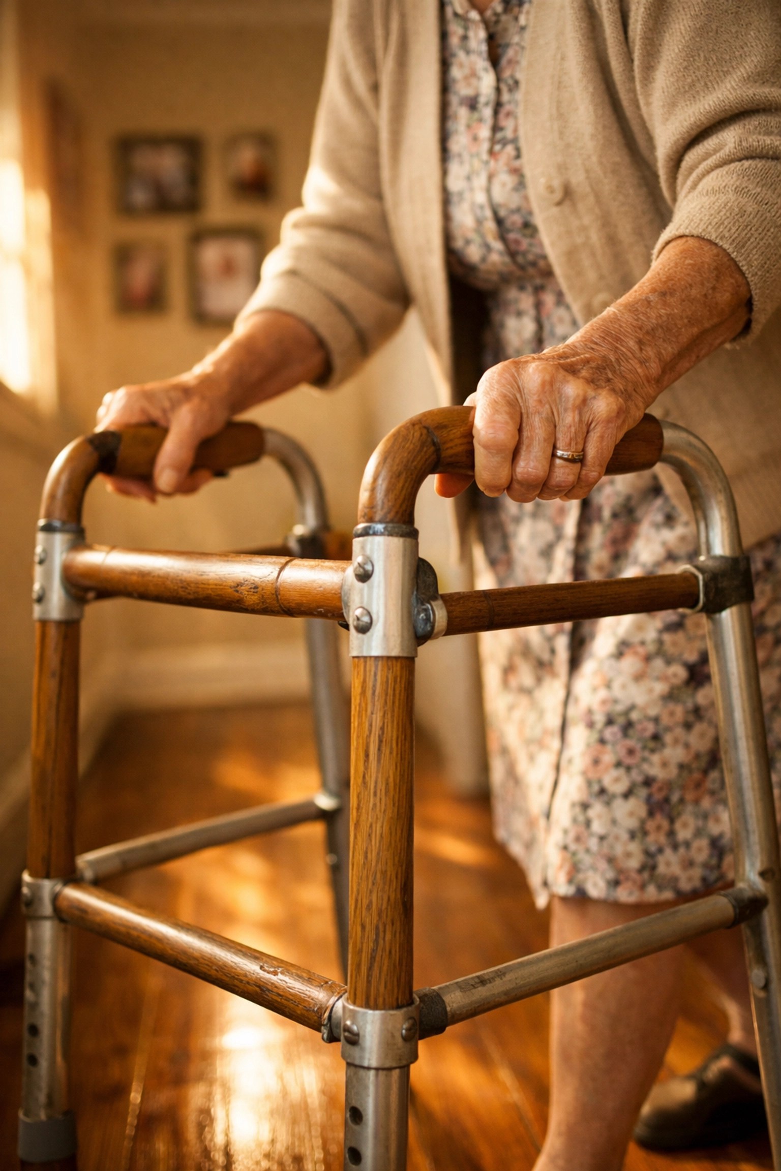 Elderly woman using walker at home showing mobility assistance needs