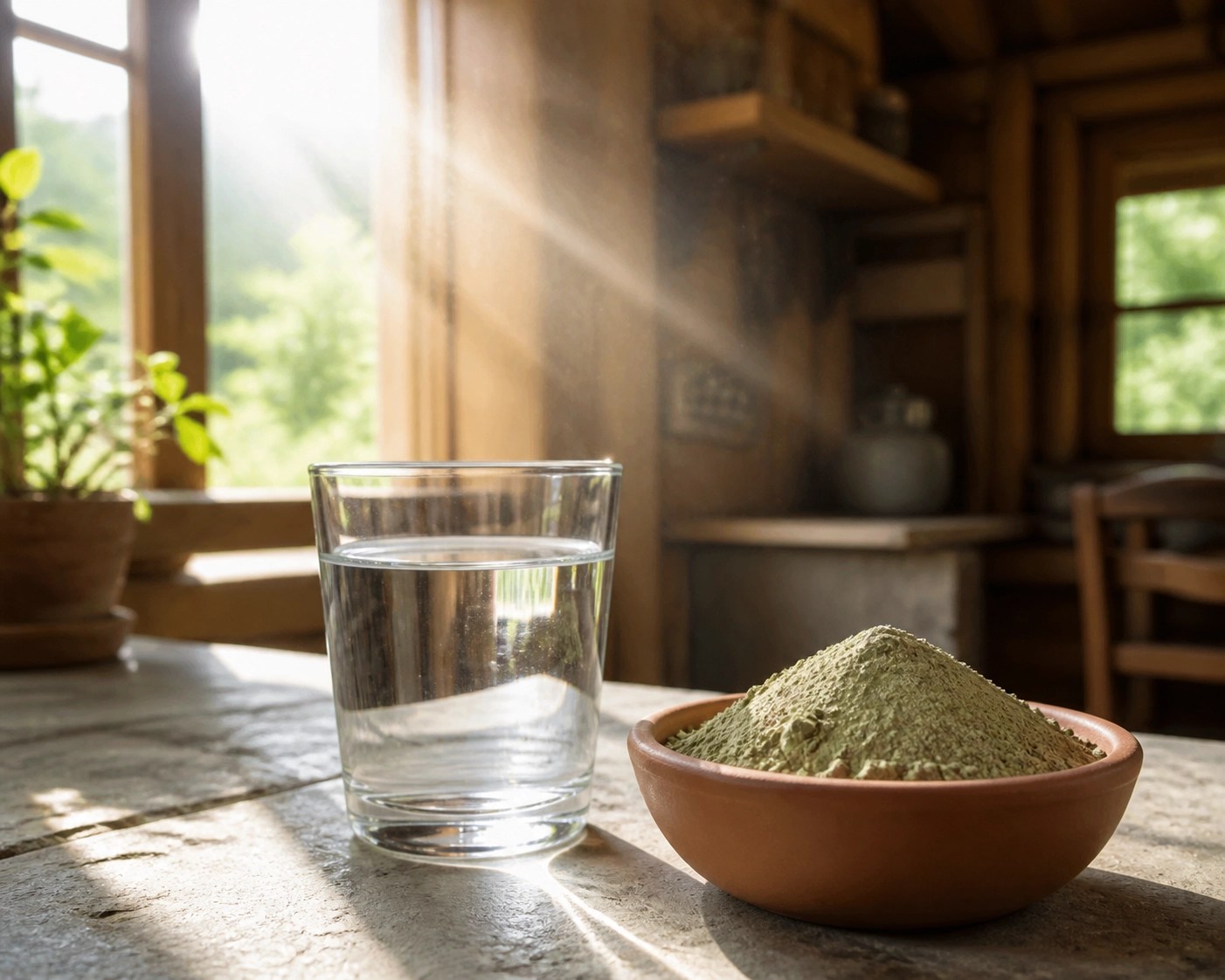 Fine green clay powder in a bowl near a window with sunbeams illustrating natural detox from airborne particles.