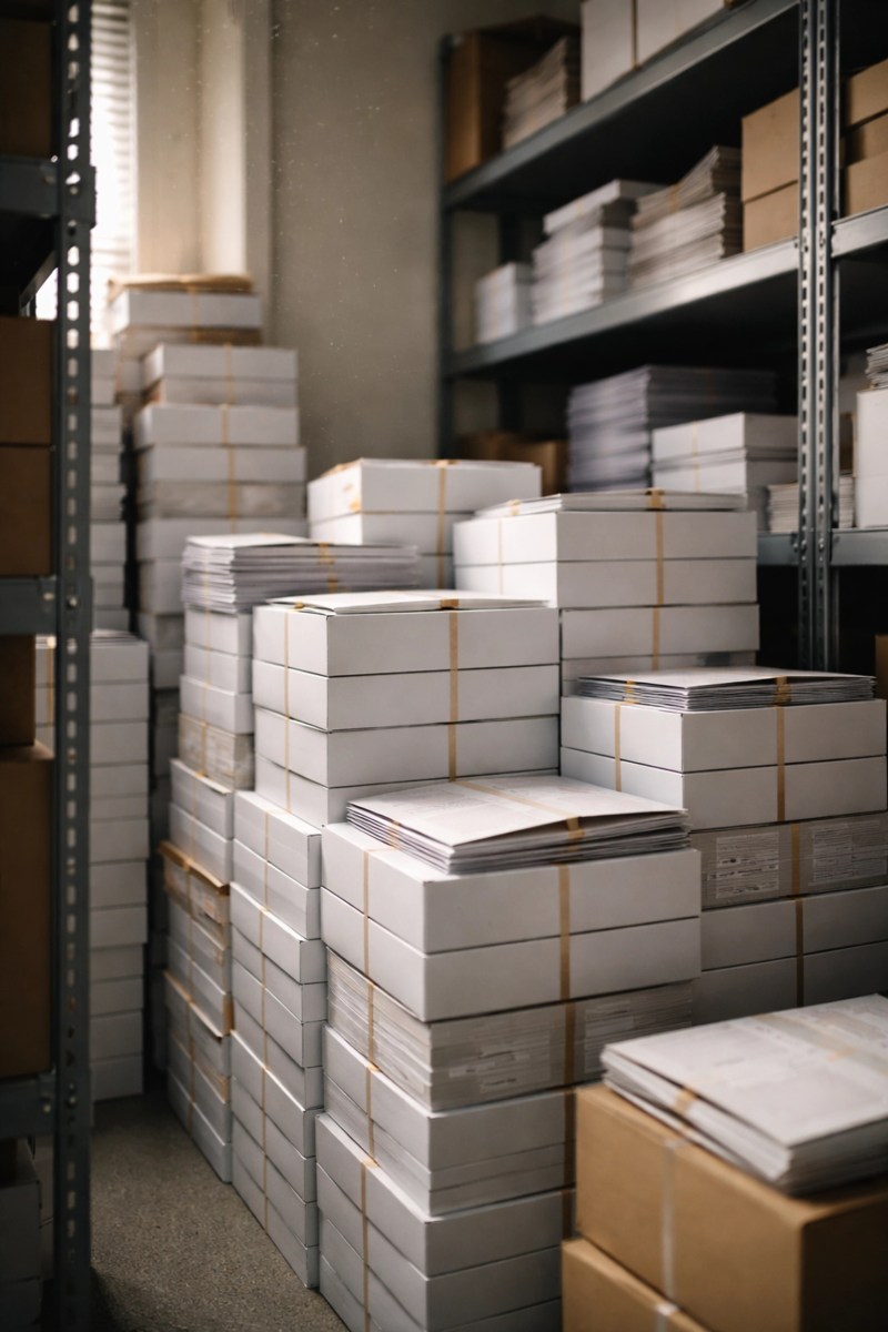 Stacked boxes of outdated printed materials in small storage room, showing print waste issues