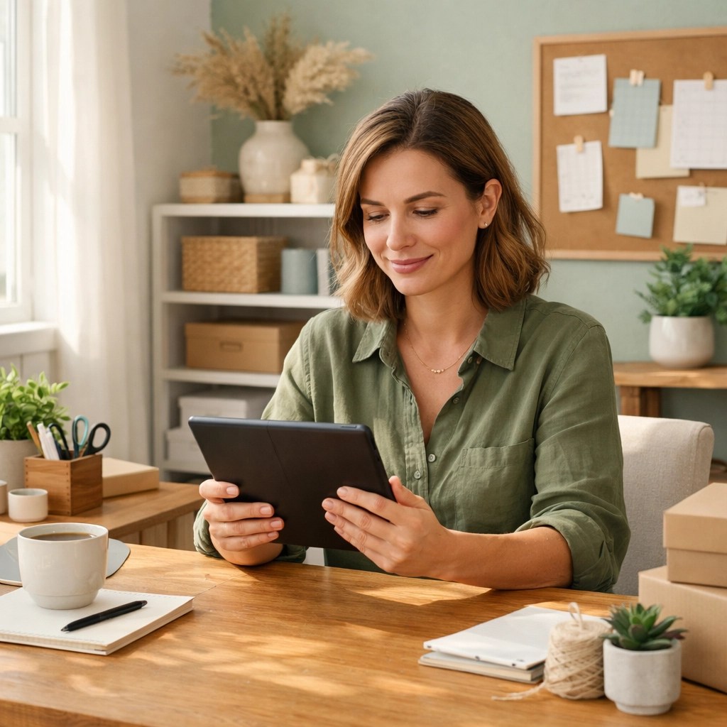 Small business owner managing automated customer support on a tablet from a home office.