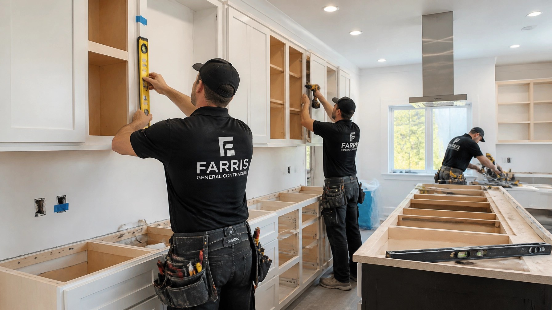 A professional construction team at Farris General Contracting working on a kitchen renovation, installing cabinets with precision.