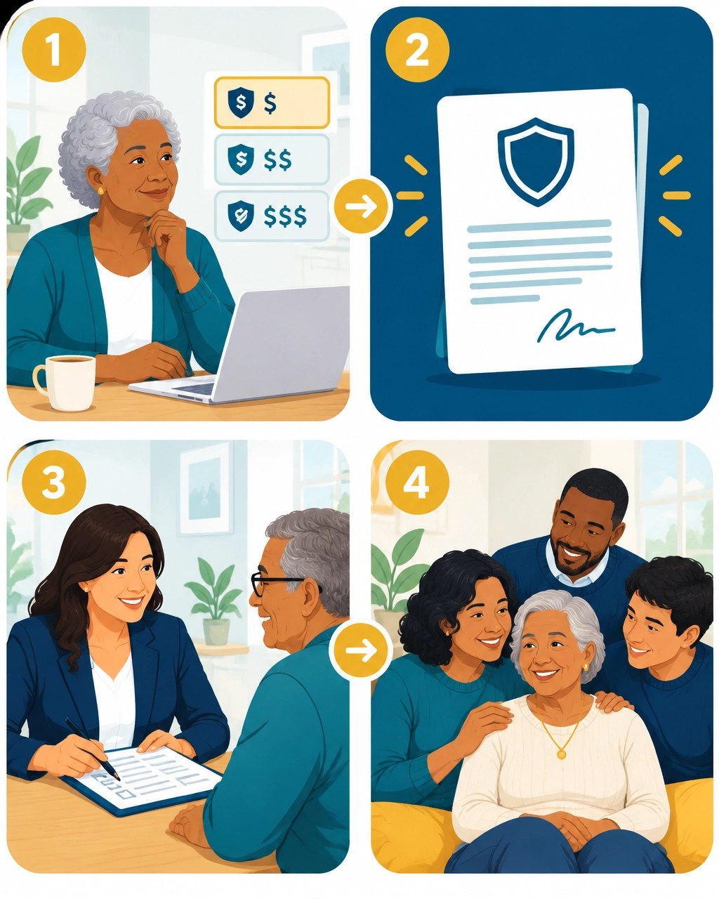 Four-step illustration showing choosing coverage, reviewing a policy, applying, and helping family