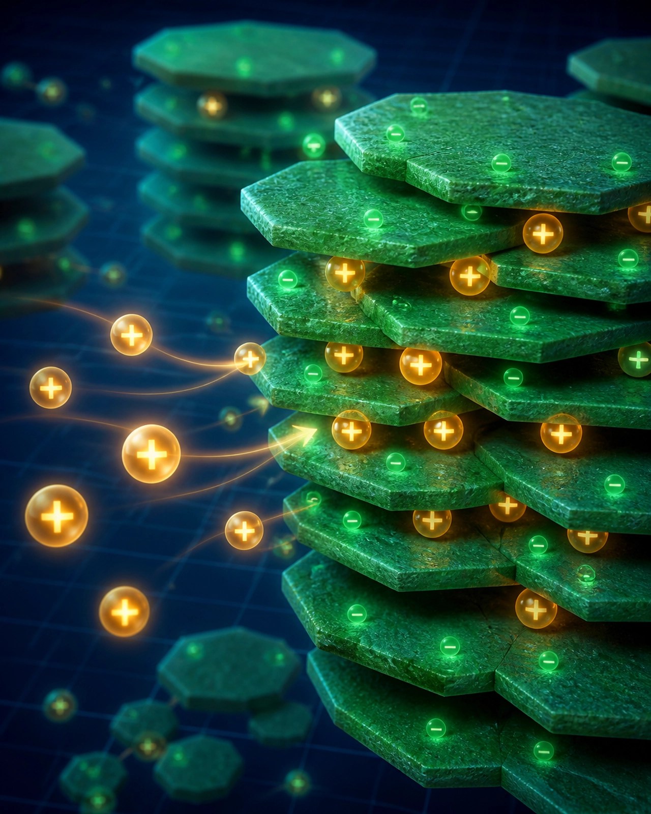 3D scientific visualization of negatively charged clay particles attracting positively charged toxins in an ionic exchange process.