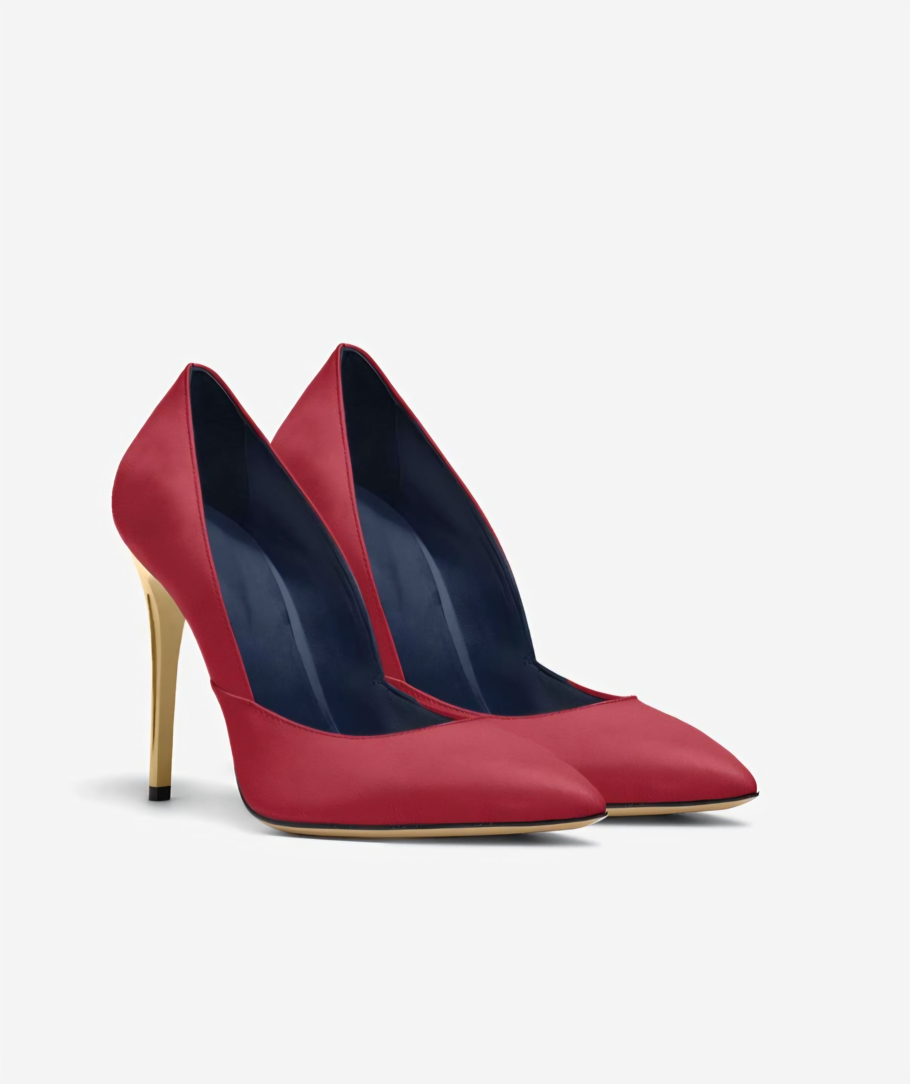 A pair of vibrant crimson handcrafted Italian luxury heels with gold stiletto heels