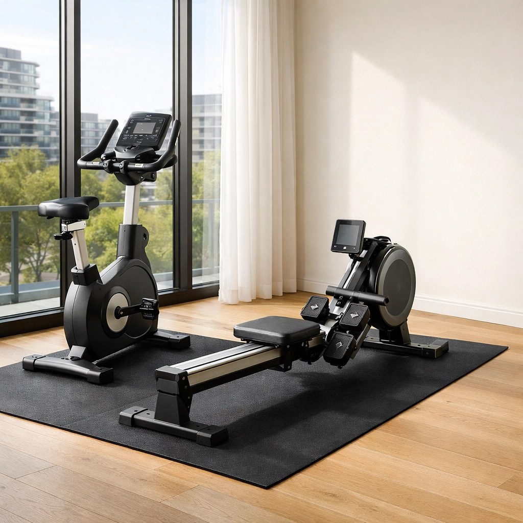 Premium exercise bike and rowing machine available for fitness equipment hire in a bright, clean Melbourne home gym.