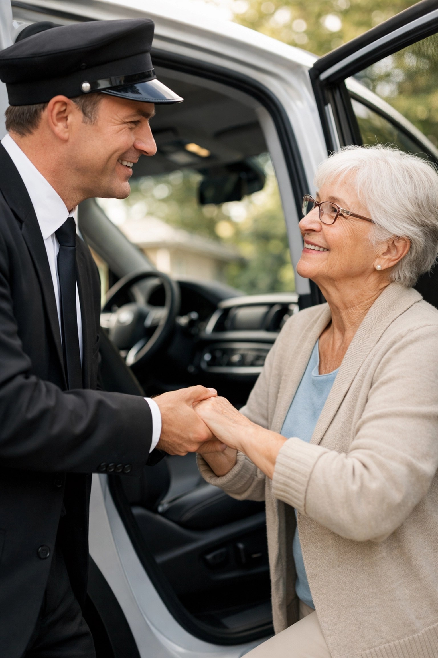Professional driver assisting a senior passenger into a reliable medical transport vehicle.