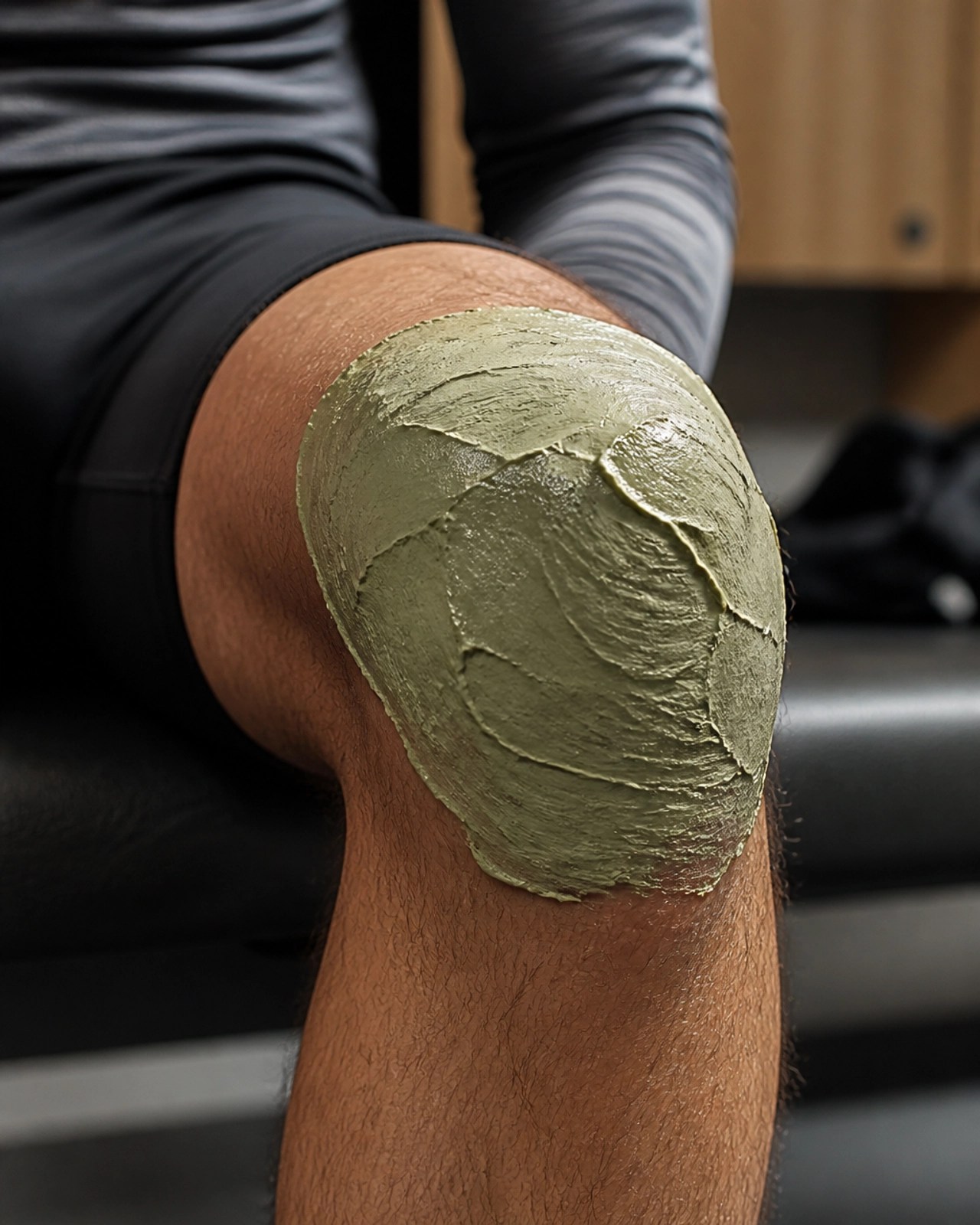 Athlete applying a clay poultice to a sore knee for recovery