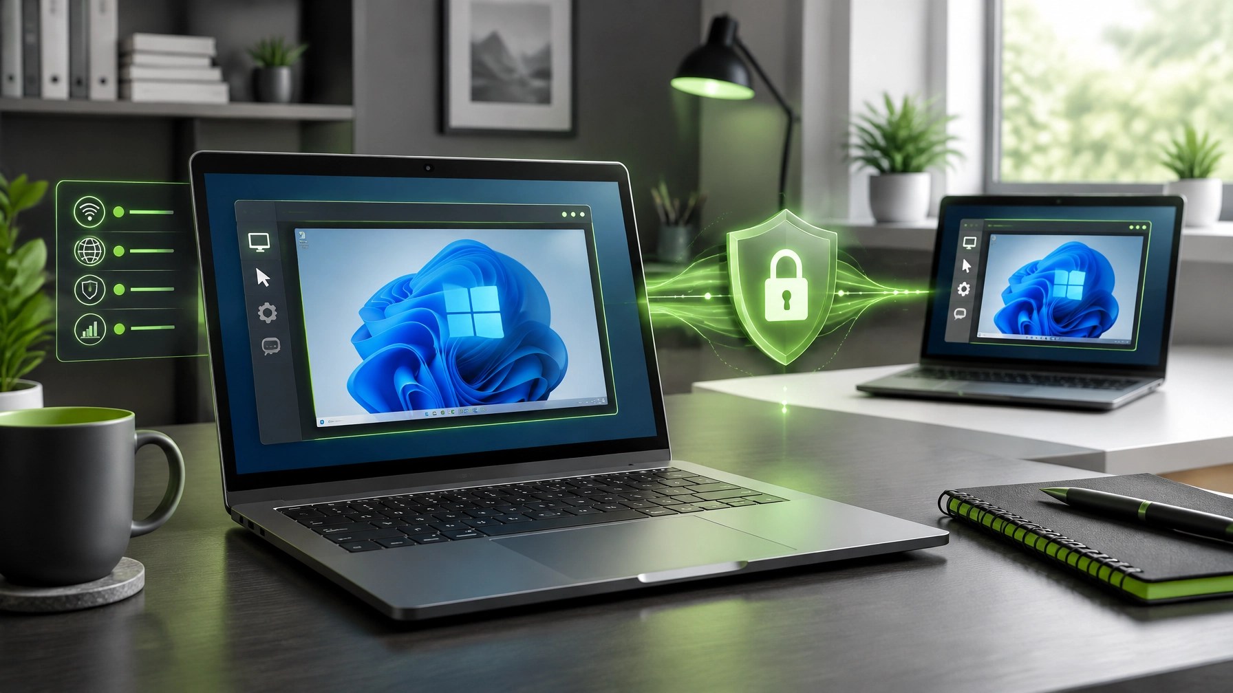 Modern illustration of a secure remote IT support session with a laptop, security shield, and network connection