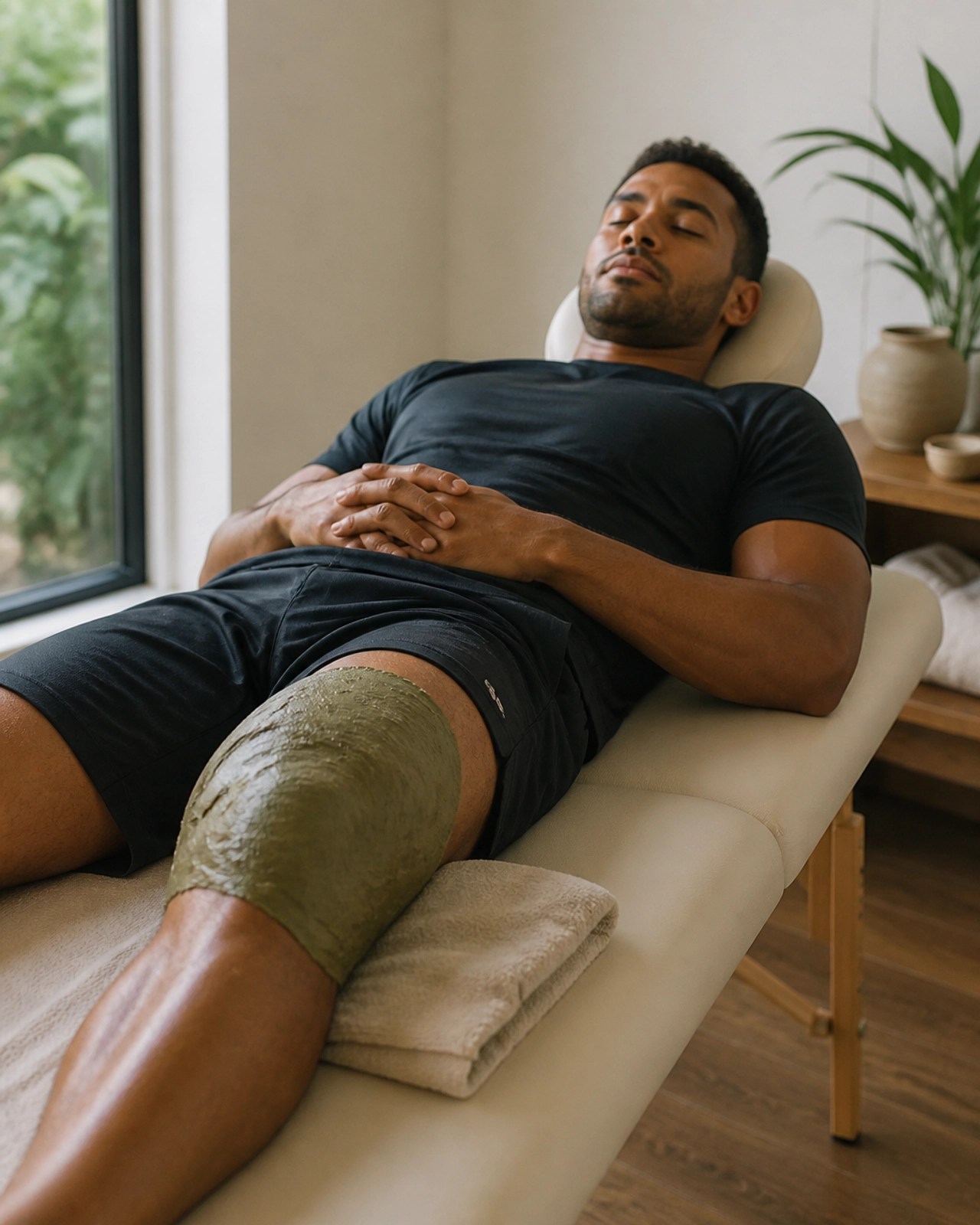 Athlete resting with a green clay poultice on their knee