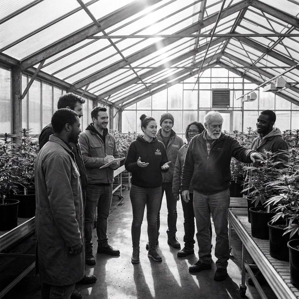 Two smiling men in branded Green Spectrum shirts stand in a cannabis field on a sunny day participating in a New York State networking farm tour.