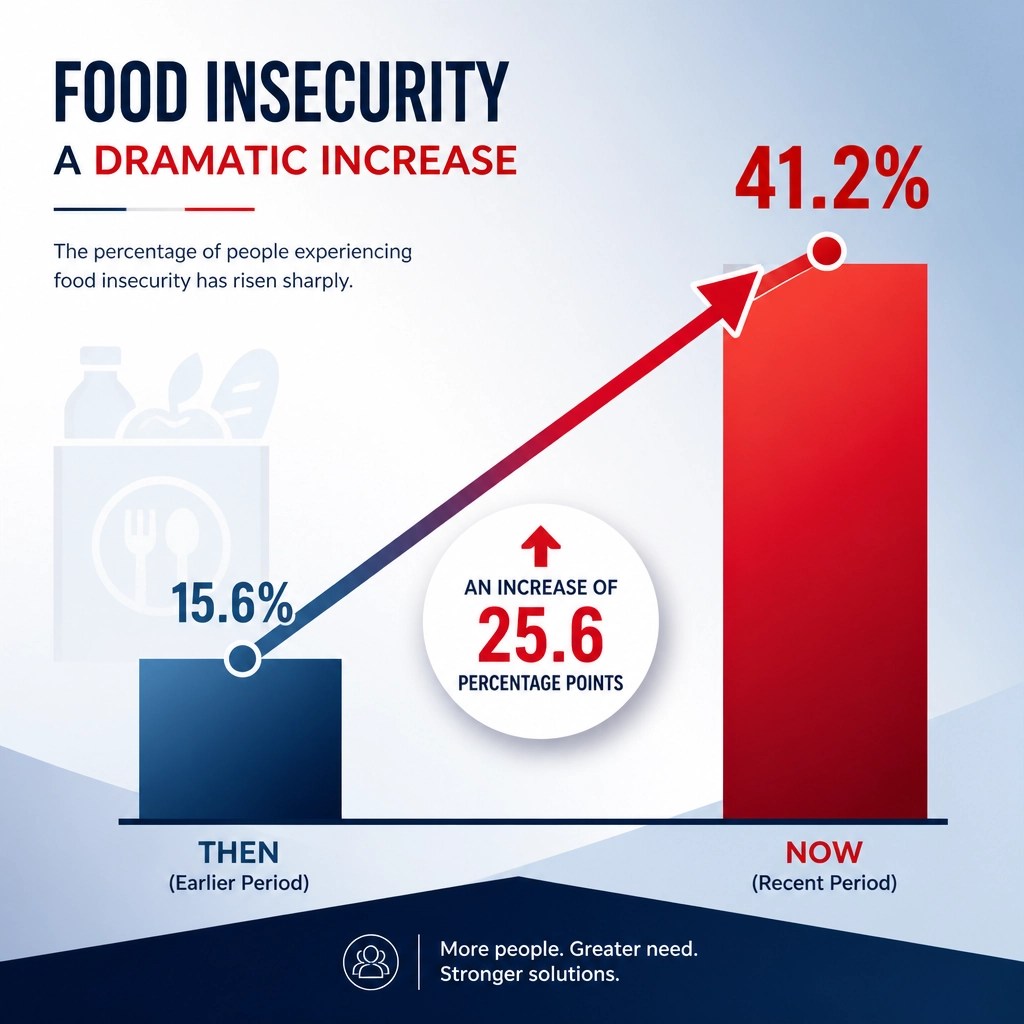 A modern infographic-style illustration showing a dramatic rise in percentages, representing the jump in food insecurity from 15.6% to 41.2%.